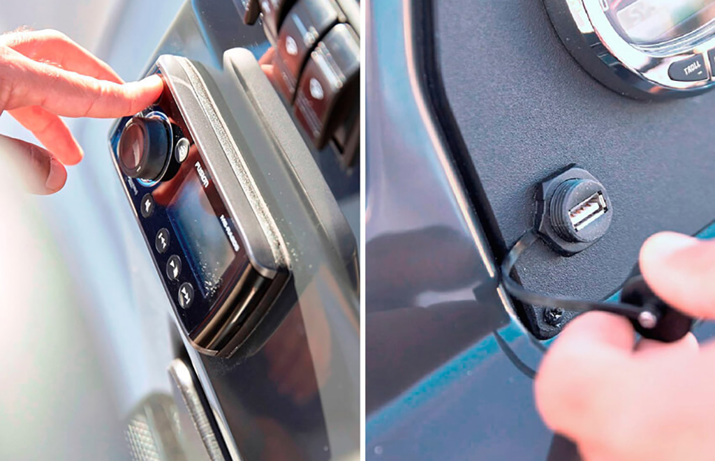 Imagen dividida que muestra radio Bluetooth y conector USB disponibles a bordo de embarcaciones Quicksilver en alquiler de barcos Altea