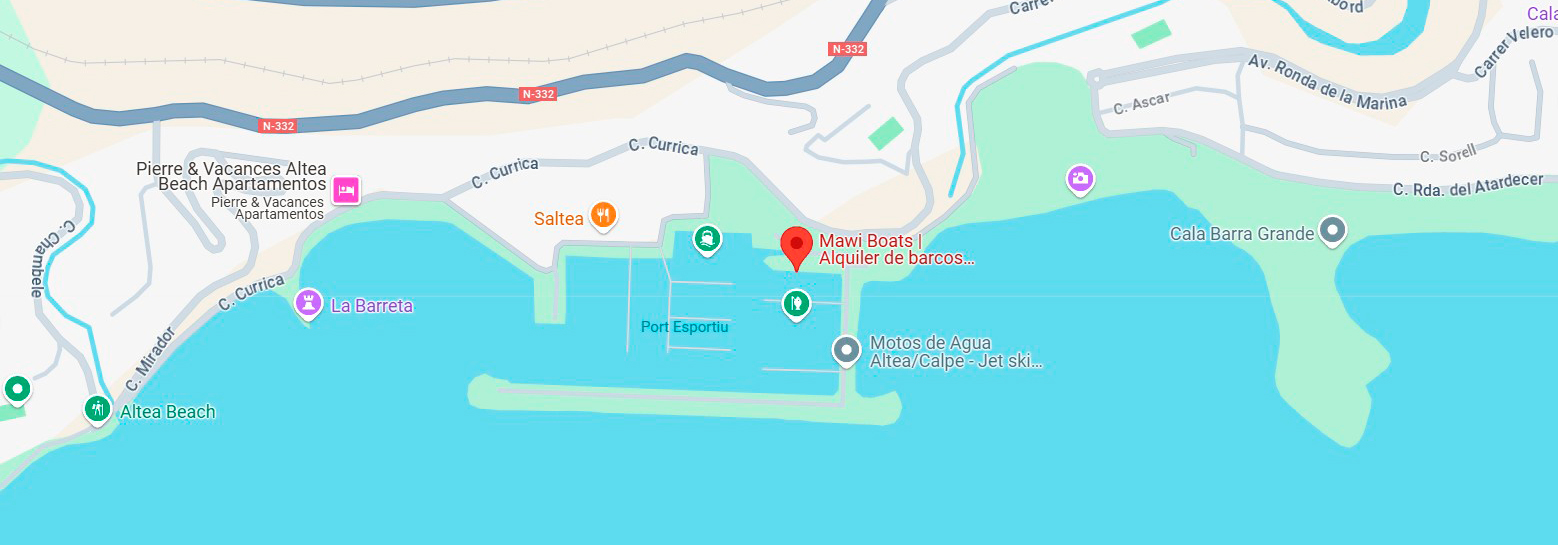 Mapa del Puerto Deportivo Luis Campomanes en Altea, punto de salida para alquiler de barcos Quicksilver con Mawi Boats.