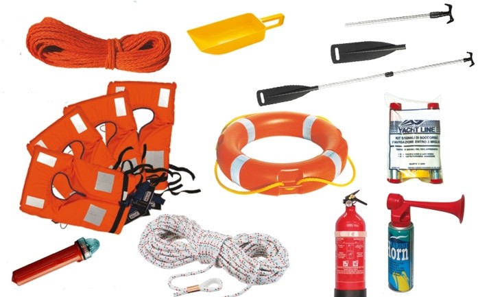 Boat safety equipment with orange life jackets, emergency flares, fire extinguisher, horn, flashlight and rope – mandatory for Costa Blanca boat rental