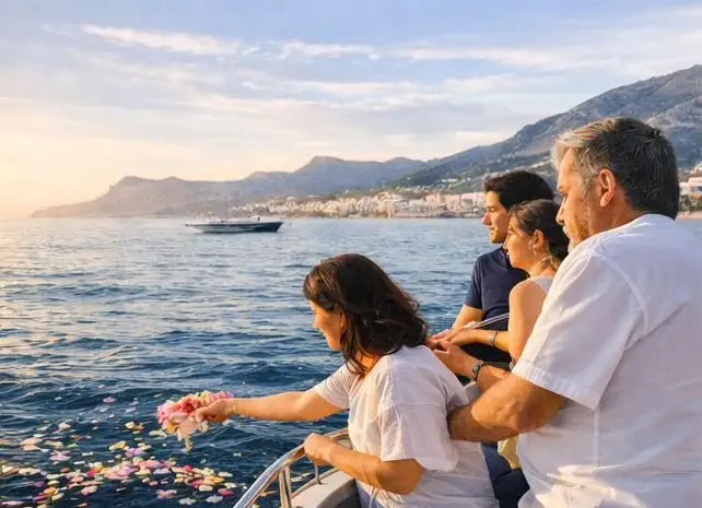 Familia en barco durante ceremonia de cenizas en el mar en Altea